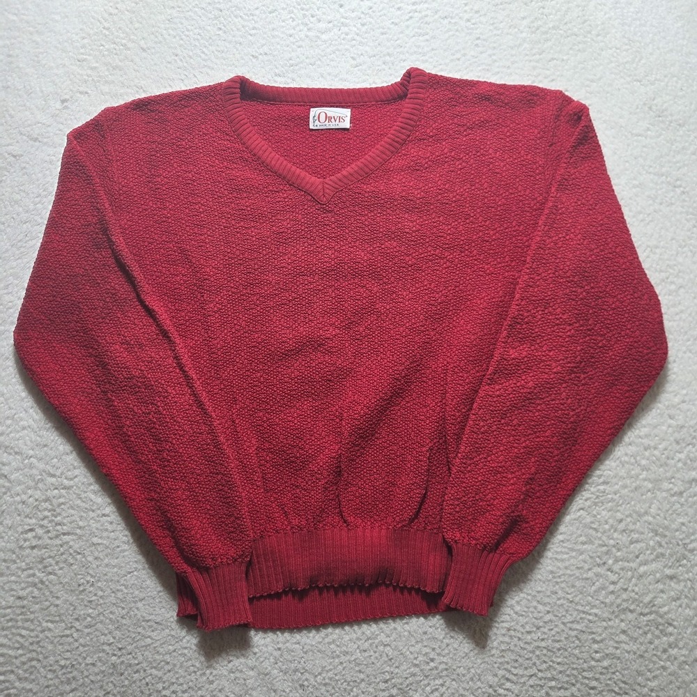 Vintage 80s Orvis Sweater Mens Large V Neck Textured Knit Fisherman Red USA Made
